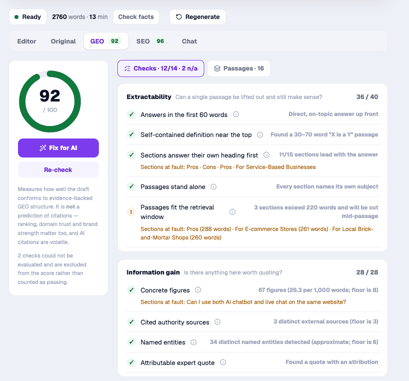 A GEO score with each failing check named, and a one-button fix